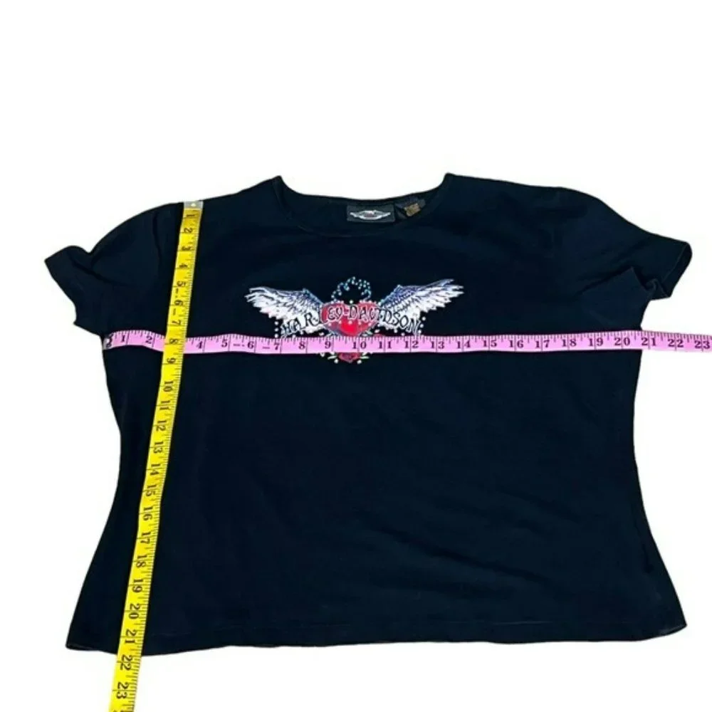 Harley Davidson Black Angel Heart Floral With Rhinestones Graphic Shirt Size XL - Picture 7 of 8